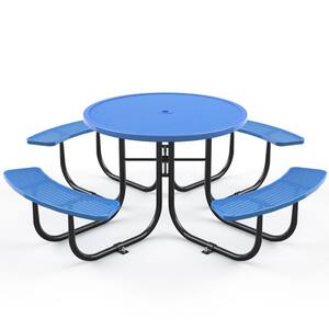 Blue Steel 78.7 in. Round Outdoor Heavy Duty Picnic Table with 46 in. Table and 2 in. Umbrella Hole