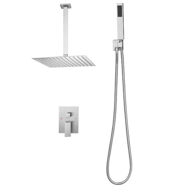 12 in. Shower Faucet Set, Square Rainfall Shower Head and Handheld Spray, Brushed Nickel Ceiling-Mount with Brass Valve