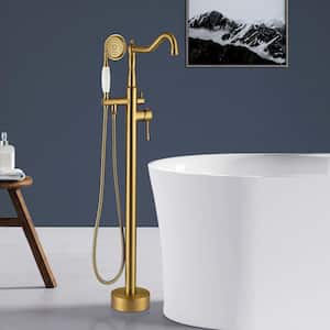1-Handle Freestanding Floor Mount Tub Faucet Bathtub Filler with Hand Shower in Brushed Brass