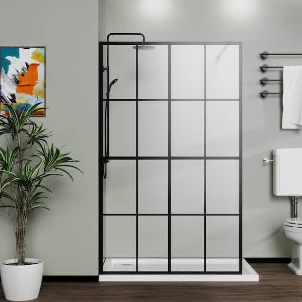 46 in. W x 72 in. H Fixed Framed Shower Door in Black with Clear Glass