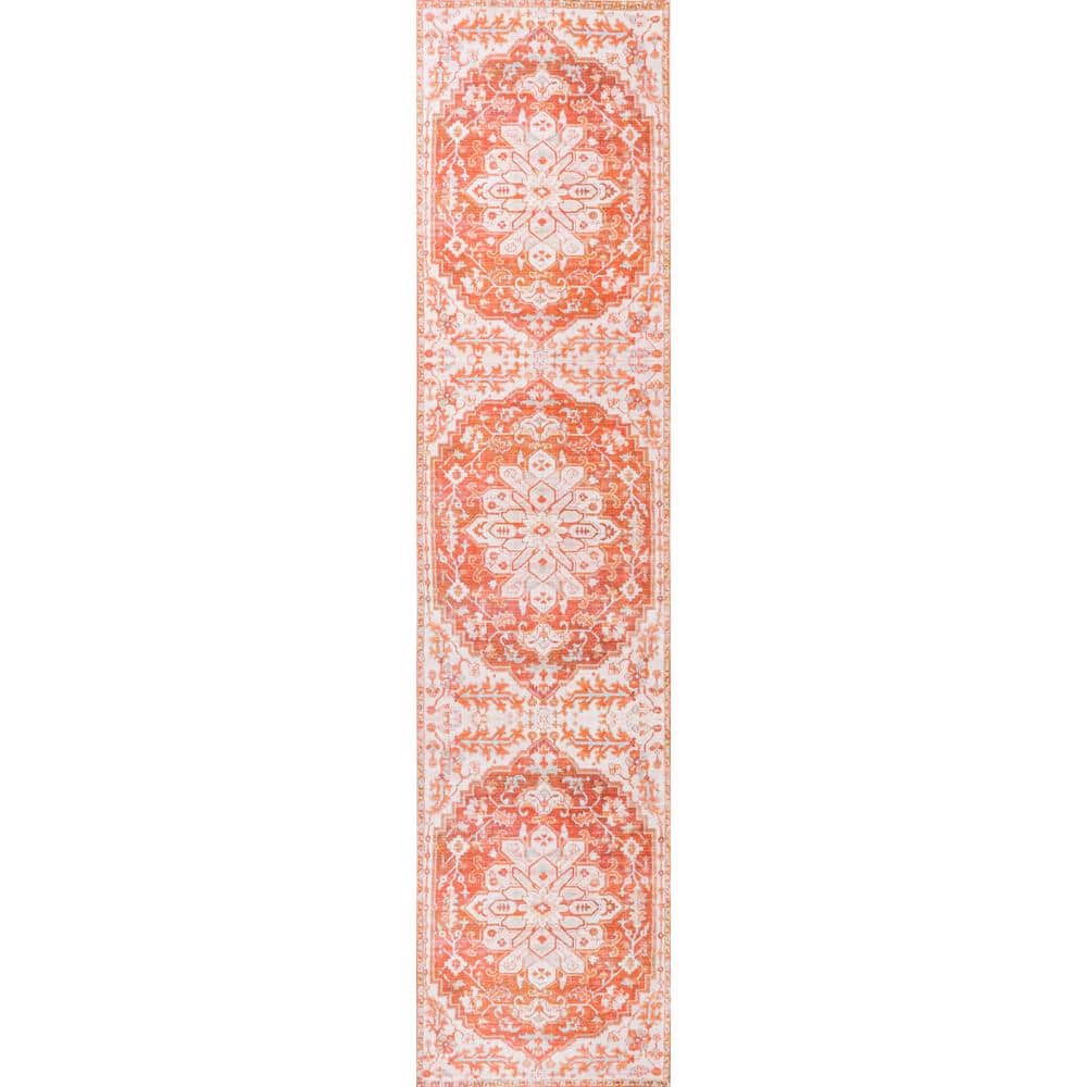 Ornate Medallion Washable Orange and Cream Synthetic Runner Rug