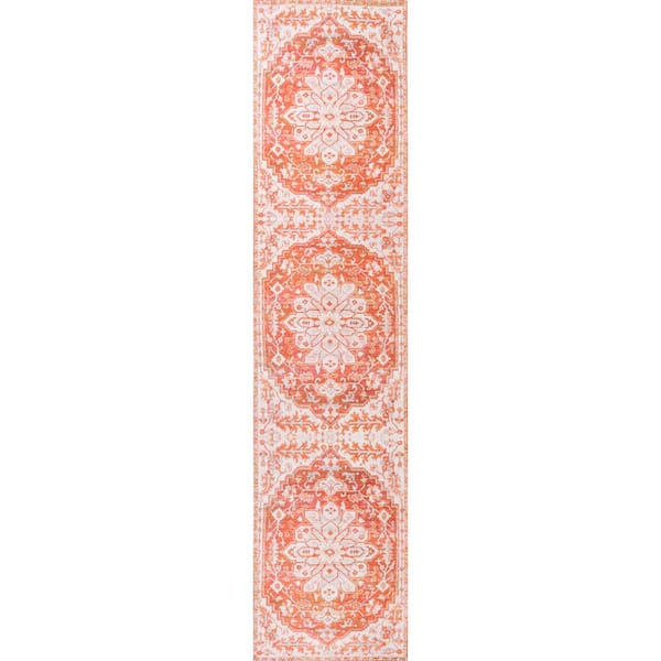 Asa Ornate Orange/Cream 2 ft. x 8 ft. Medallion Machine Washable Indoor Area Rug