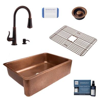 Lange All-in-One Farmhouse Apron-Front Copper 32 in. Single Bowl Kitchen Sink with Pfister Faucet and Drain
