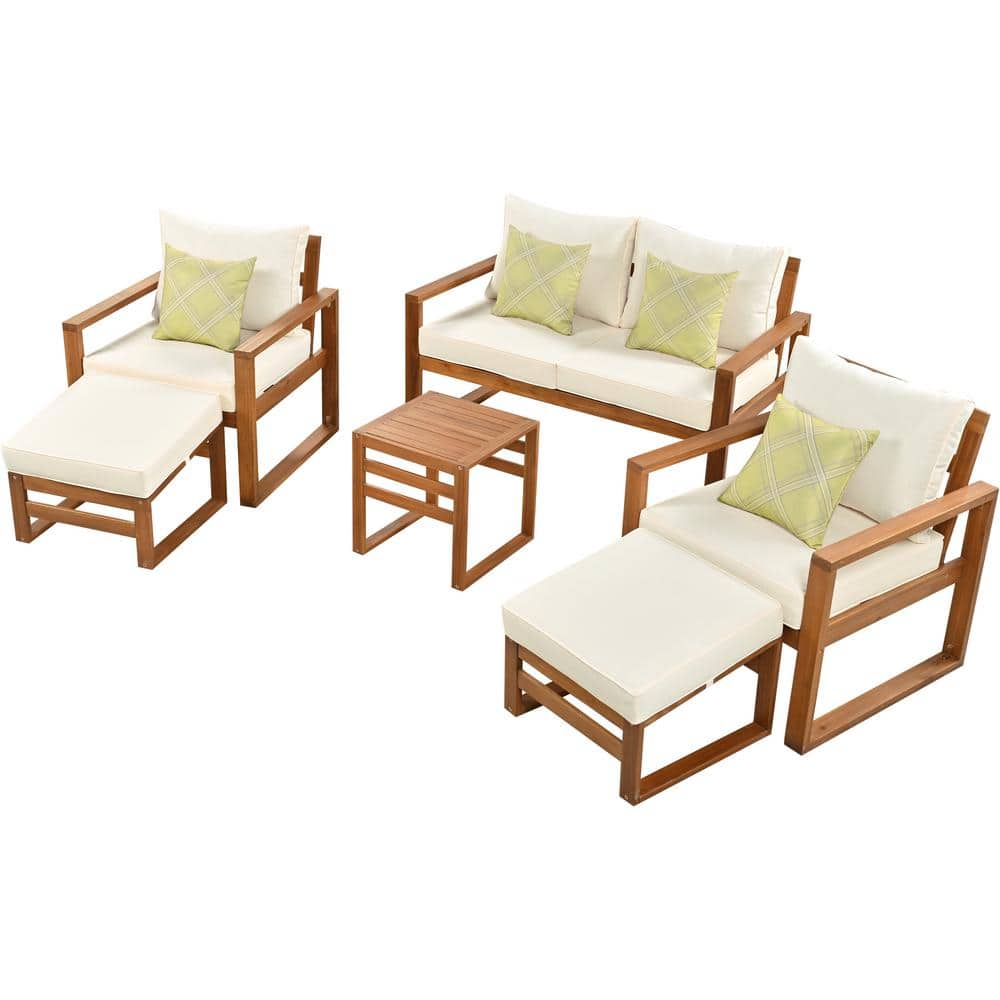 Outdoor 6-Piece Wood Patio Conversation Set with Ottomans and Beige Cushion
