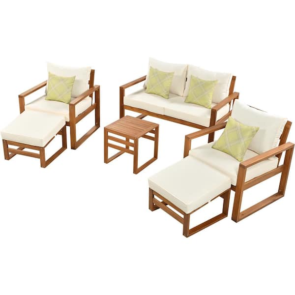 Unbranded Outdoor 6-Piece Wood Patio Conversation Set with Ottomans and Beige Cushions for Backyard, Poolside, Balcony