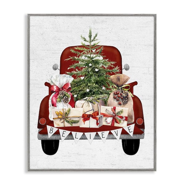 Believe Seasonal Christmas Truck by Lettered and Lined Framed Giclee Art Print Typography 14 in. x 11 in.