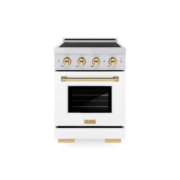 Autograph 24 in. Paramount Induction Range with 3 Element Cooktop in Satin Steel with White Door and Gold Accents