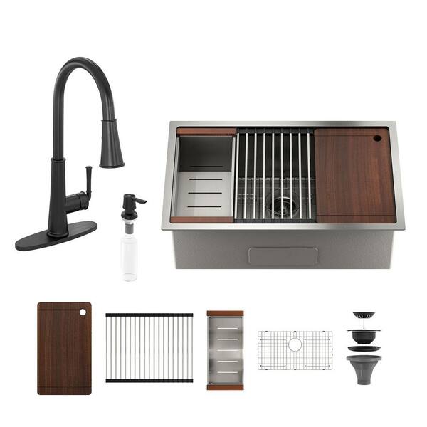 32 in. Undermount Single Bowl 18-Gauge Brushed Stainless Steel Kitchen Sink with Matte Black Faucet and Accessories