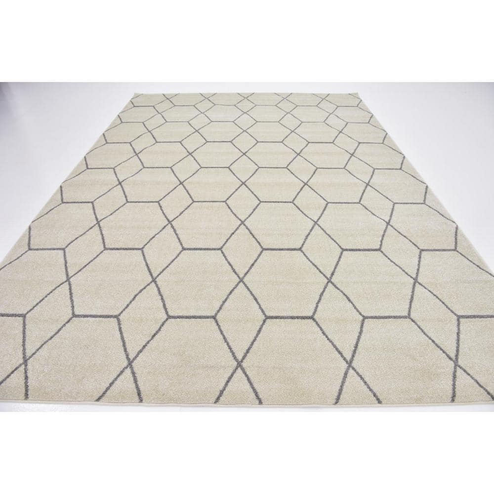 Ivory and Gray Trellis Synthetic Stain-Resistant Area Rug 9' x 12'