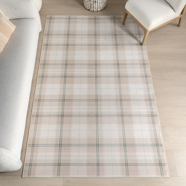 Raye Plaid Spill Proof Washable Beige 9 ft. x 12 ft. Indoor Area Rug