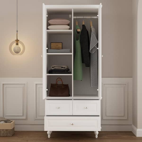 Kids Low-Profile Wardrobe With Hanging Rod & Drawers - White MDF Children's Closet, Easy Reach Design