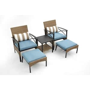 5-Piece Wicker Patio Conversation Set with Blue Cushions