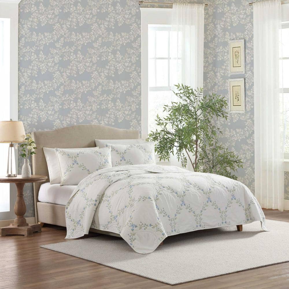 Blue Floral Embroidered Cotton Twin Quilt Set
