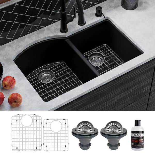 QU-610 Quartz/Granite 32 in. Double Bowl 60/40 Undermount Kitchen Sink in Black with Bottom Grid and Strainer