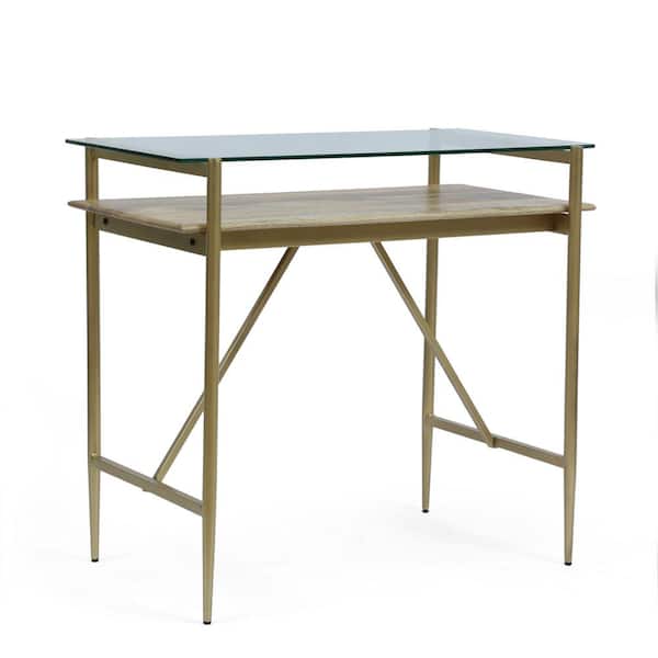 Noble House Cody 36" Honey Brown and Gold Glass Top Desk