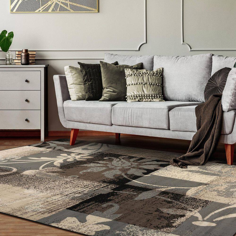 Beige Floral Patchwork Low Pile Area Rug, 6' x 9'