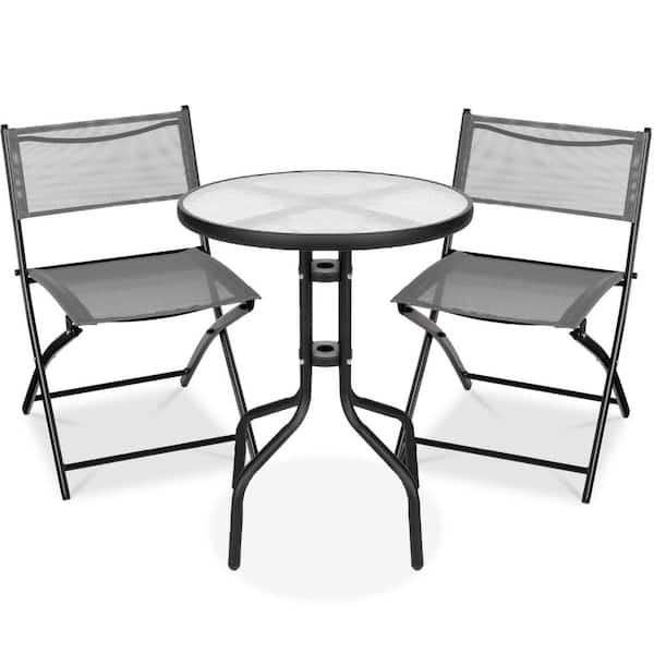 Best Choice Products Gray 3-Piece Outdoor Patio Bistro Set with Textured Glass Table Top, Folding Chairs