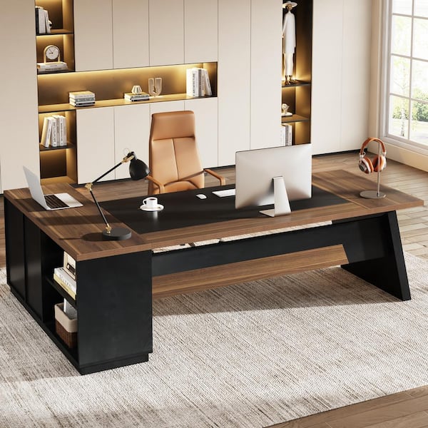 Capen 78 in. L Shaped Light Walnut and Black Wood Executive Desk with Lateral File Cabinet, Modern Computer Desk