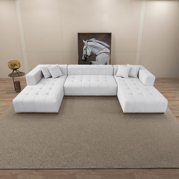 Ashcroft Furniture Co Audrey 145.7 in. Square Arm 3-piece Modern U-Shaped Velvet Sectional Sofa in. Cream