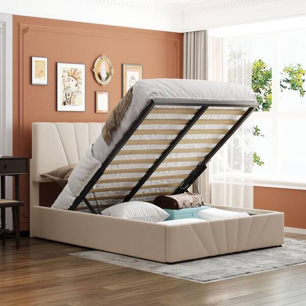 Urtr 58 In W Beige Full Upholstered Platform Bed Frame With Storage Underneath Wood Lift A Hydraulic System T 01414 Full Upholstered Platform Bed Frame, Hydraulic Lift King Size Bed