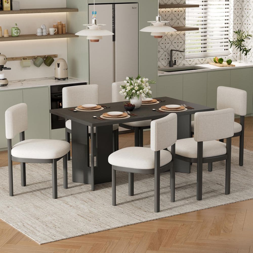 Fremont Farmhouse 7-Piece Rectangle Gray Finish MDF Top Dining Table Set with Upholstered Chairs, Seats 6