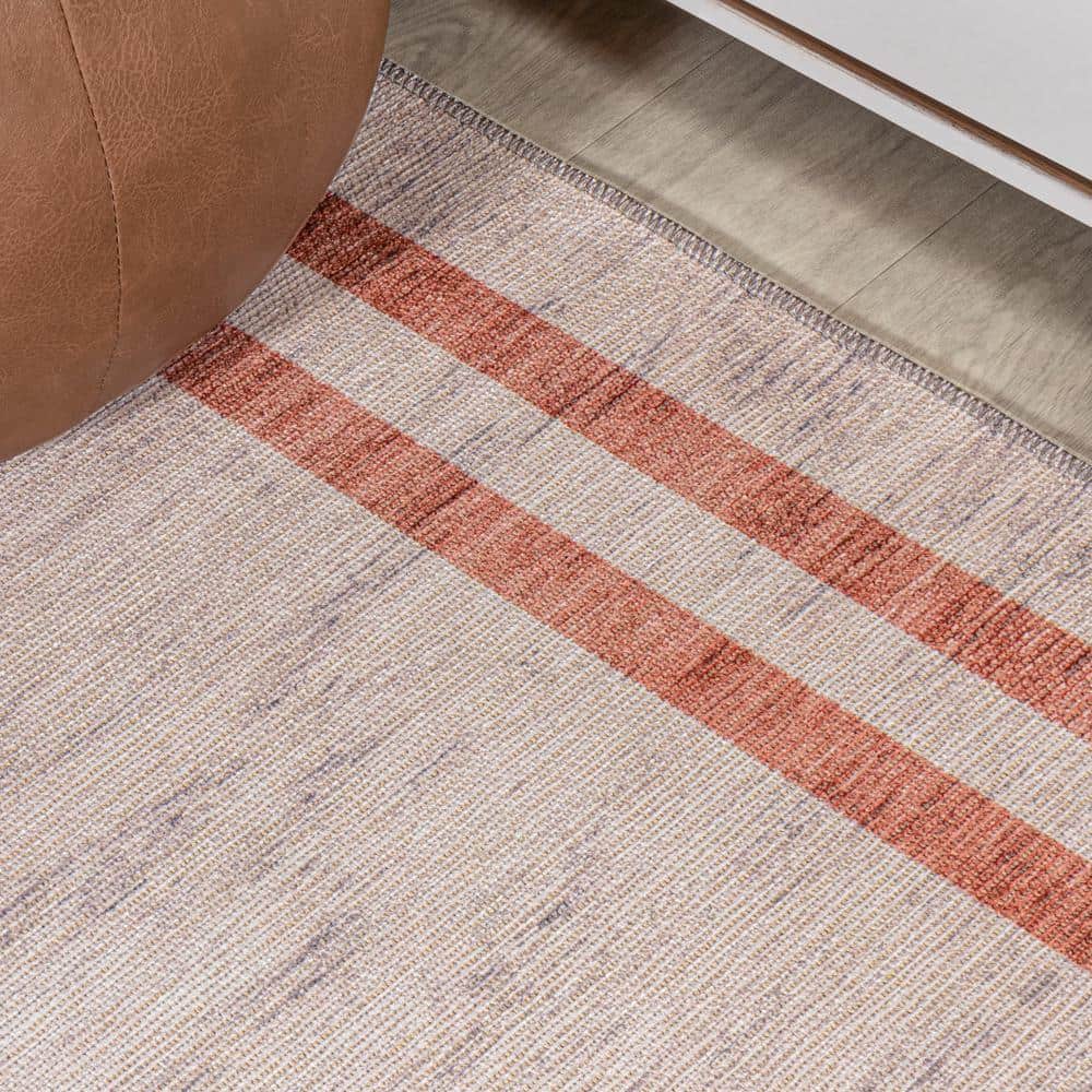 Ivory and Pink 9' x 12' Reversible Washable Stripe Rug