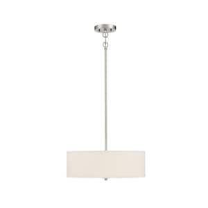 18 in. W x 6.5 in. H 3-Light Brushed Nickel Shaded Pendant Light with White Fabric Drum Shade