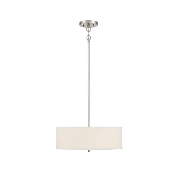 TUXEDO PARK LIGHTING 18 in. W x 6.5 in. H 3-Light Brushed Nickel Shaded Pendant Light with White Fabric Drum Shade