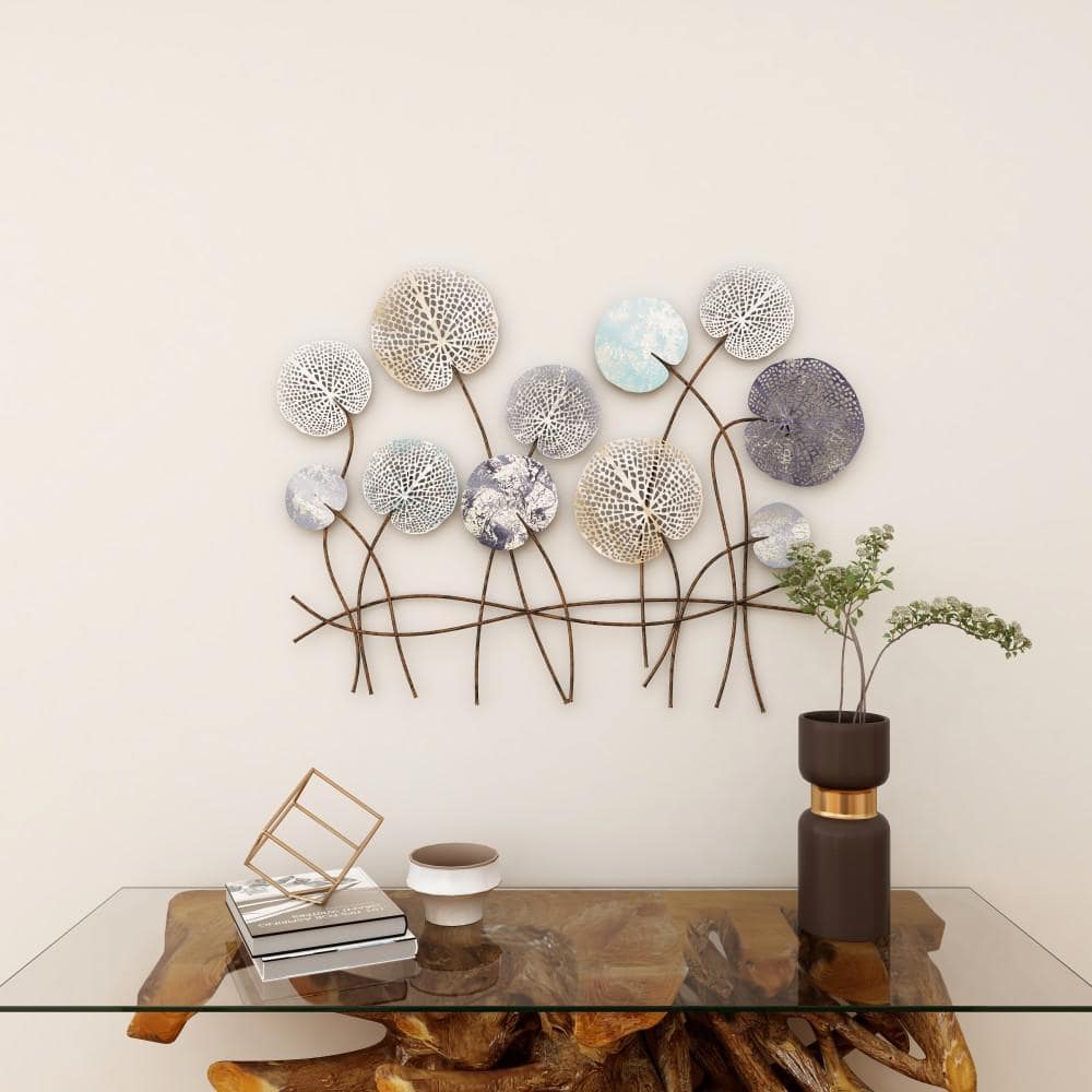Blue and Gold Metal Floral Wall Sculpture with Gold Trim