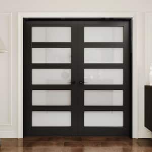 72 in.x 80 in. 5-Lite Frosted Glass Universal Black Solid Core Assembly Required Double French Door with Jamb