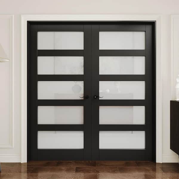 72 in.x 80 in. 5-Lite Frosted Glass Universal Black Solid Core Assembly Required Double French Door with Jamb