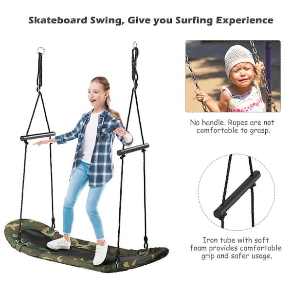 Costway Saucer Tree Swing Surf Kids Outdoor Adjustable Oval Platform Set w/ Handle - Camouflage Green