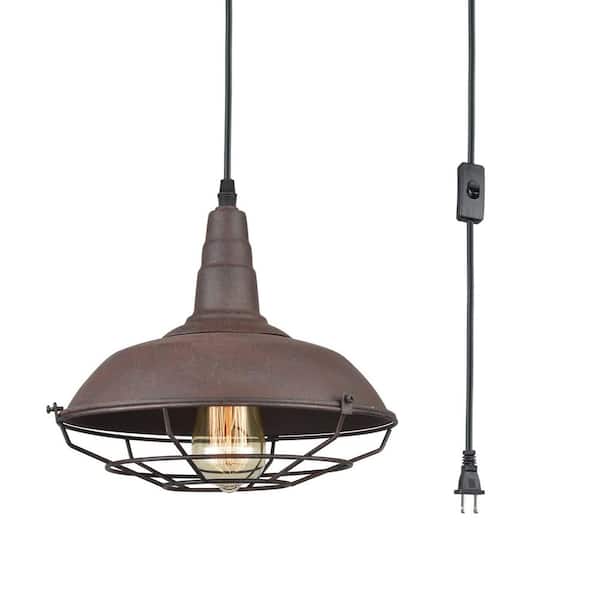 Farmhouse Plug-In Pendant Light with Rust Finish Metal Cage Shade