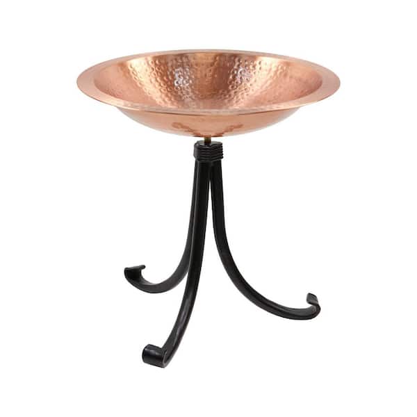 14 in. W Round Satin Copper Hammered Solid Birdbath w/ Black Wrought Iron Tripod Stand