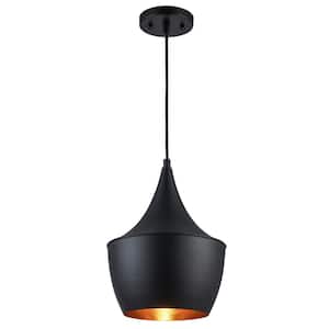 9.5 in. 1-Light Black Pendant Light Fixture with Black Metal Dome Shade