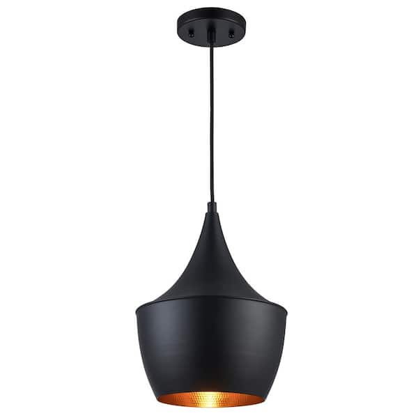 Bel Air Lighting 9.5 in. 1-Light Black Pendant Light Fixture with Black Metal Dome Shade