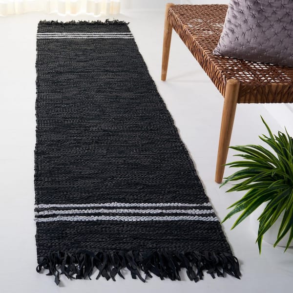 Vintage Leather 2 ft. x 9 ft. Black/Ivory Striped Border Runner Rug