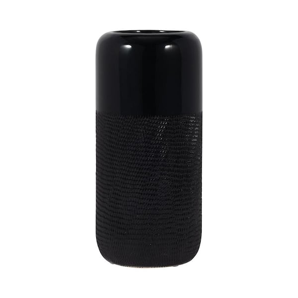 Liv & Skye 12 in. Solid Black Stoneware Grooved Decorative Vase