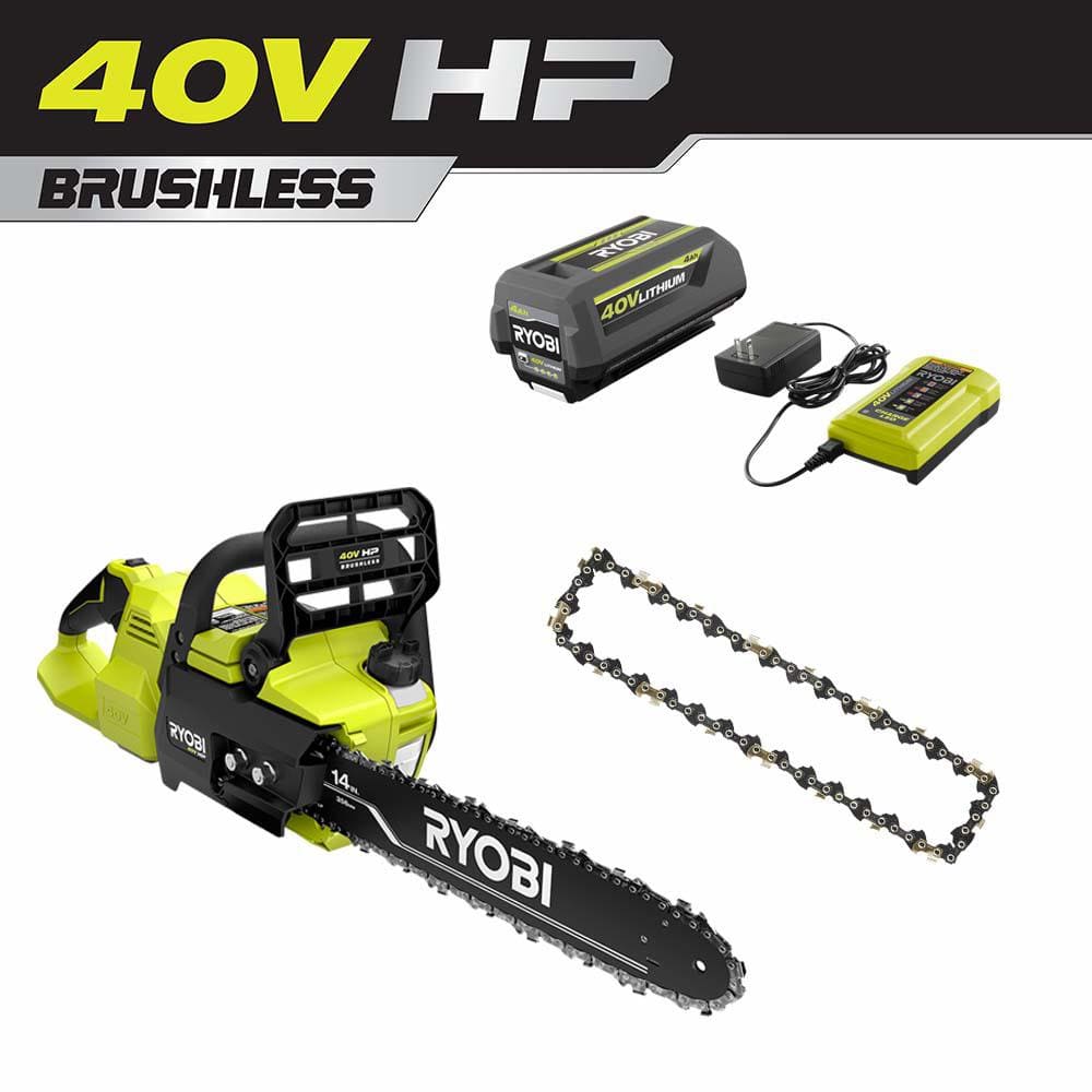 RYOBI 40V HP Brushless 14 in. Electric Battery Chainsaw and Extra Chain  with 4.0 Ah Battery and Charger RY405100-AC - The Home Depot