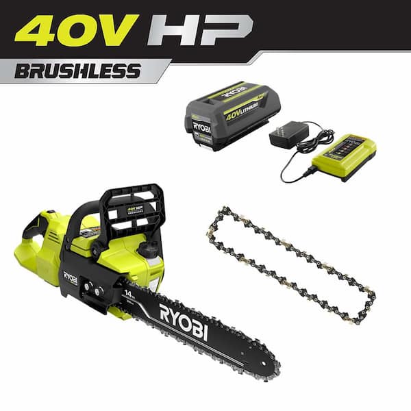 RYOBI 40V HP Brushless 14 in. Electric Battery Chainsaw and Extra Chain with 4.0 Ah Battery and Charger