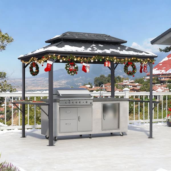 PURPLE LEAF 6.5 ft. x 10 ft. Hardtop Grill Gazebo for Patio Aluminum Barbecue Shelter Gazebo w/ Hooks and Shelves Double Tiered Grey