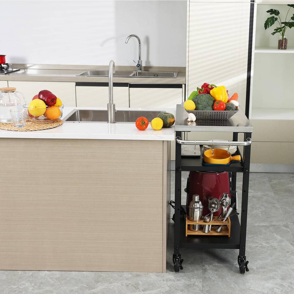 Adjustable 3-Tier Black and Stainless Steel Outdoor Grill Cart