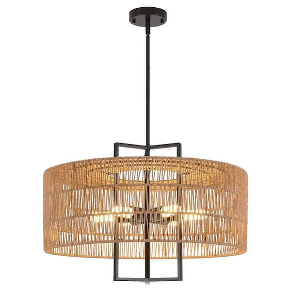 Rustic Farmhouse 23.62 in. 6-Light Boho Rattan Shade Black Metal Chandelier Height Adjustable Light Fixture (No Bulbs)