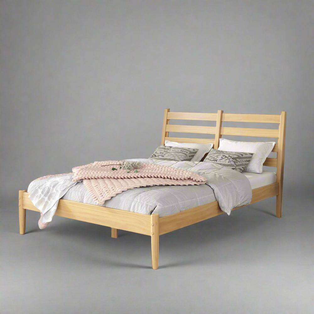 Mid-Century Queen Platform Bed with Slatted Pine Wood Headboard