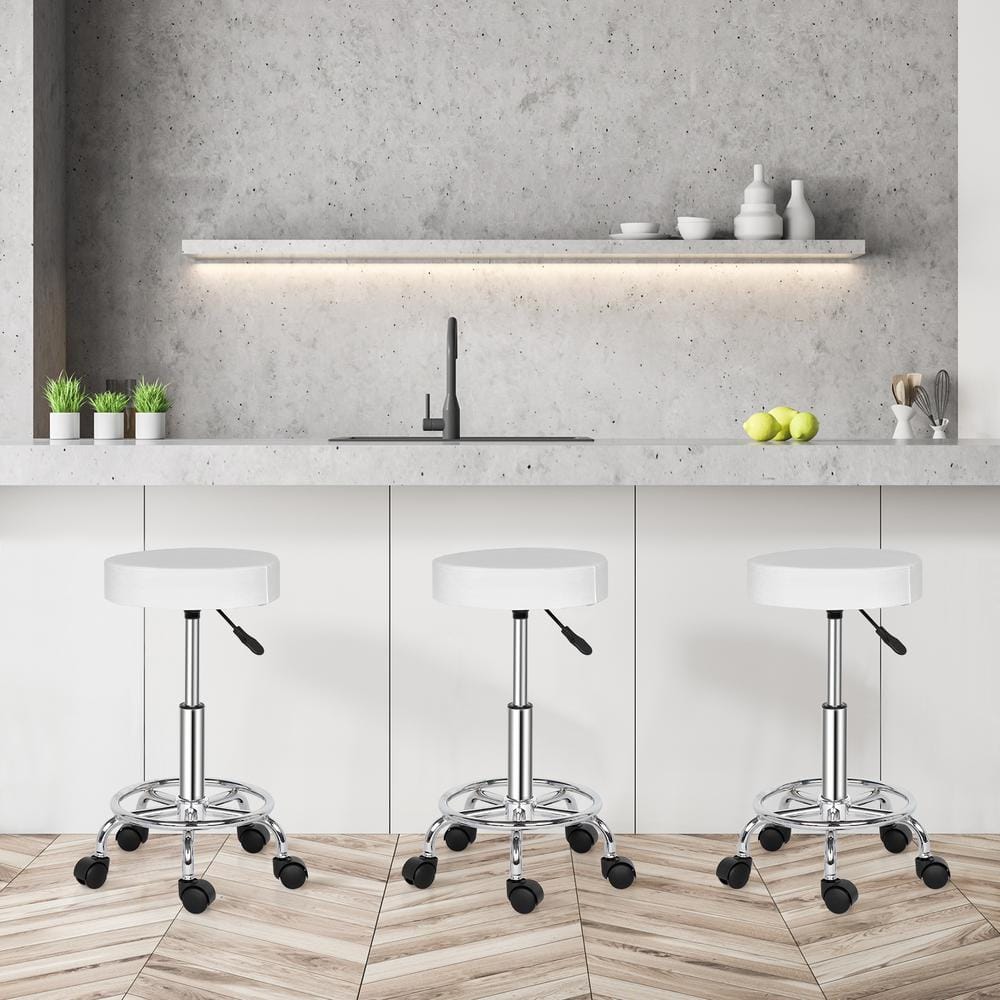 White Adjustable Swivel Round Bar Stool with Chrome Base