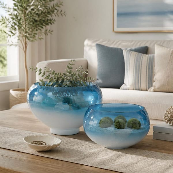 Blue 13 in. and 10 in. Glass Round Coastal Ombre Decorative Bowls