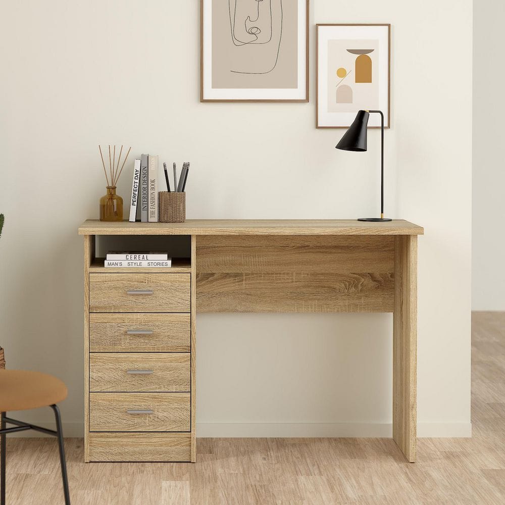 Scandinavian Oak Structure Desk with 4 Drawers and Open Shelf