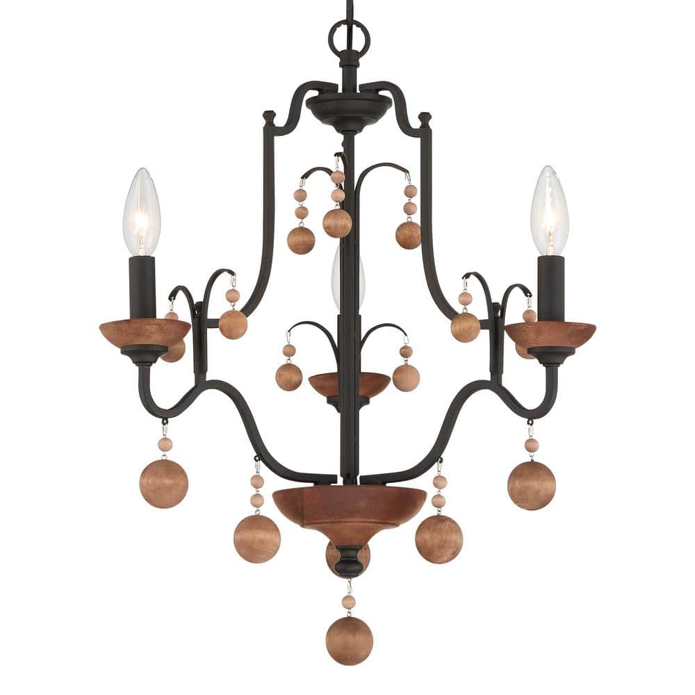 Colonial Charm Mini 3-Light Old World Bronze & Walnut Chandelier
