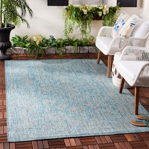 Courtyard Aqua/Gray Doormat 3 ft. x 5 ft. Border Floral Scroll Indoor/Outdoor Area Rug