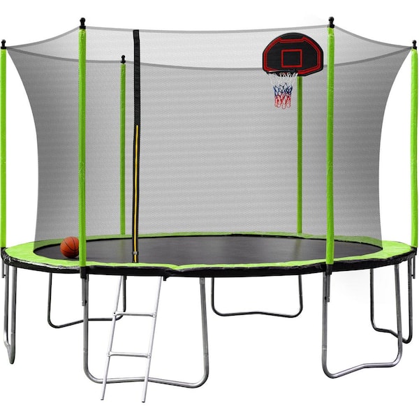 14 ft. Green Trampoline with Basketball Hoop Inflator and Ladder (Inner ...